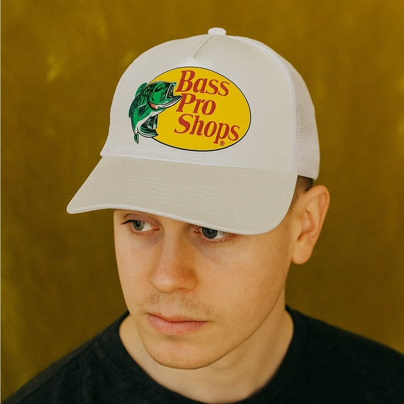 Bass Pro Shops White and Yellow Logo Cap Snap Back Trucker Grandpa Ball Cap - Picture 1 of 8
